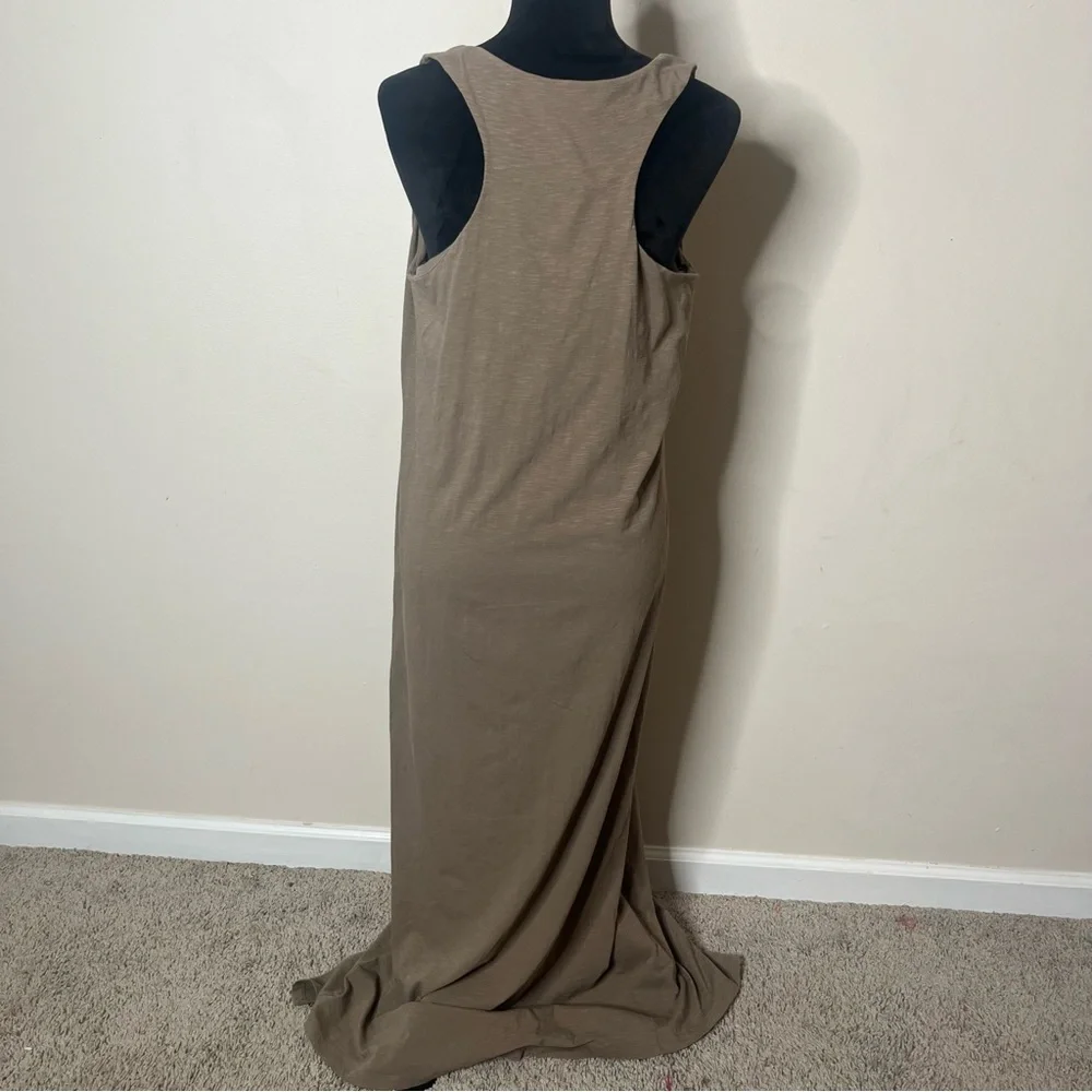 Artisan NY Women’s Khaki Tan V~Neck Sleeveless Split Jersey Knit Maxi Dress Sz L - Picture 3 of 6